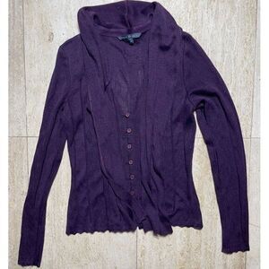 Dina Bar-el Purple Ribbed Button-Front Cardigan Sweater Medium Scalloped‎ Hem